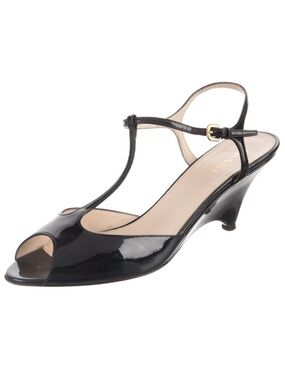 Prada Black Patent Leather T-Strap Peep-Toe Slingback Heels